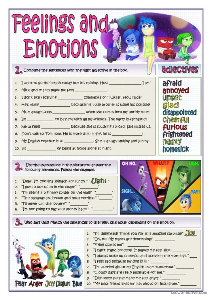 the feelings and emotions worksheet is shown in this image, which includes pictures of cartoon characters