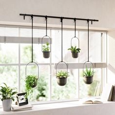 a window sill filled with potted plants and hanging planters on the windowsill