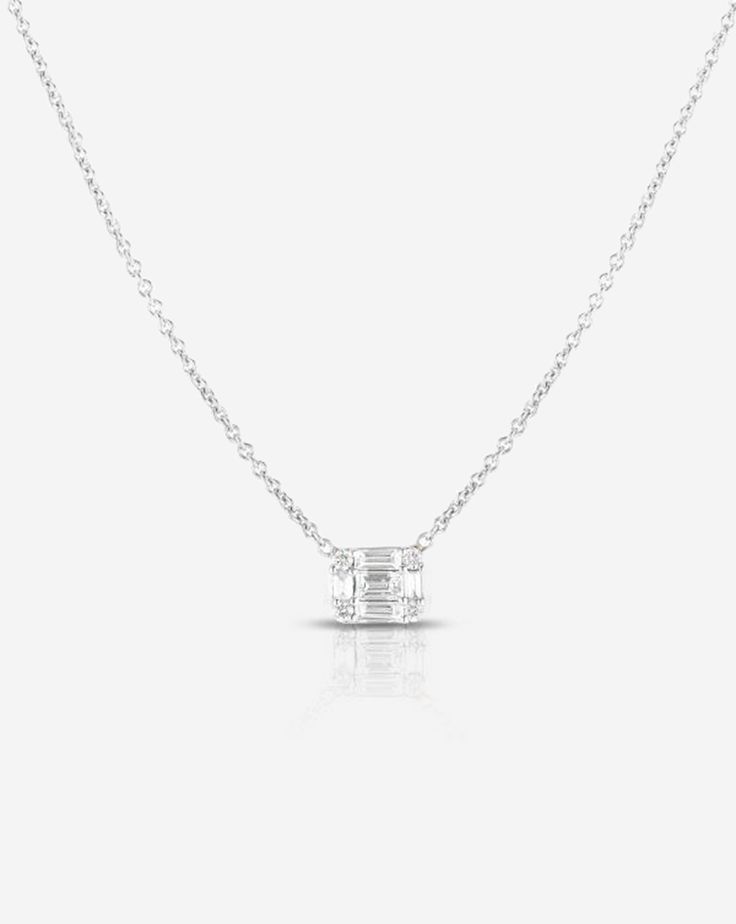 Petite Emerald Illusion Necklace – Ring Concierge White Cubic Zirconia Diamond Necklace With Baguette Diamonds, White Baguette Cut Diamond Necklace, Modern Baguette Cut Diamond Necklace For Formal Occasions, White Gold Baguette Cut Single Diamond Necklace, Classic Diamond White Baguette Cut Necklace, Timeless Single Diamond Baguette Cut Necklace, Anniversary Solitaire Necklace With Baguette Diamonds, Diamond Necklace With Baguette Cut Diamonds, Classic Diamond White Baguette Cut Diamond Necklace