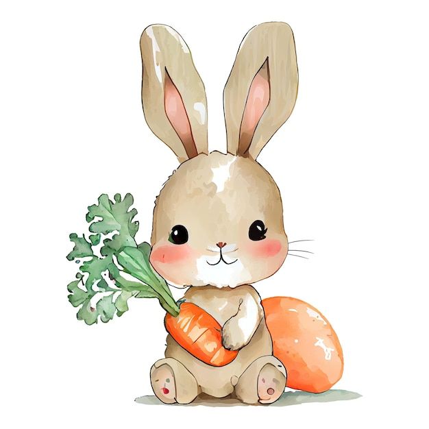 a watercolor painting of a rabbit holding a carrot and broccoli in its paws