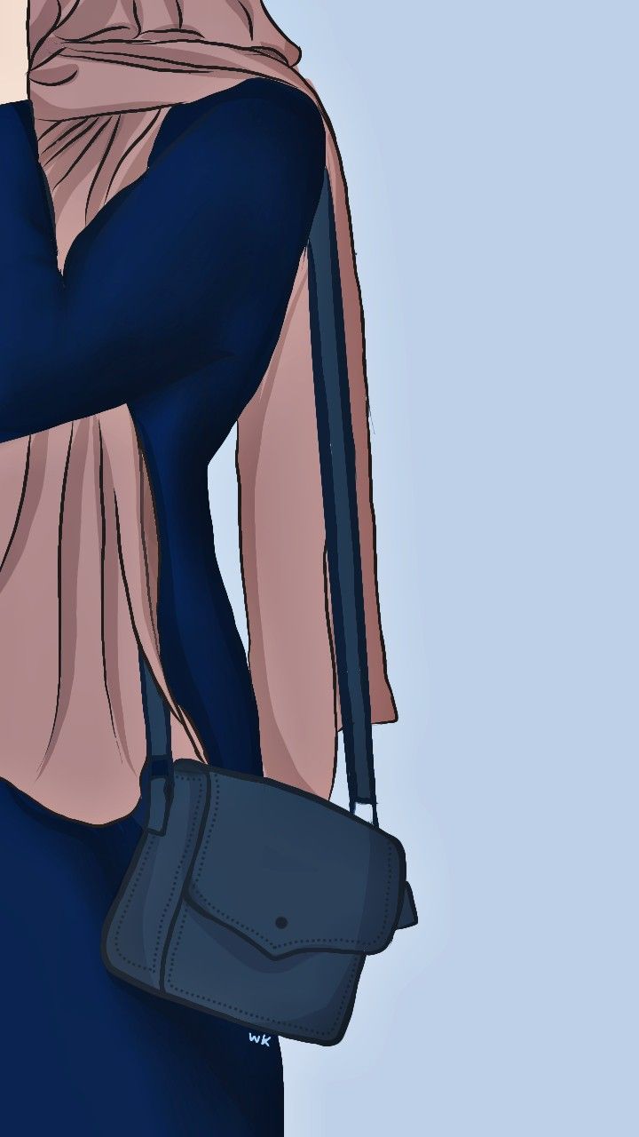 a drawing of a woman with her back to the camera, wearing a blue dress and carrying a gray purse