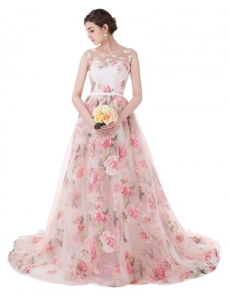 Floral Long Train Length Sleeveless Formal Party Dress Spring Sleeveless Gown For Banquet, Spring Prom Ball Gown, Spring Ball Gown For Prom, Spring Sleeveless Gown With Sweep Train, Floral Print Ball Gown For Wedding, Spring Tulle Ball Gown, Pink Floor-length Ball Gown For Spring, Spring Floral Print Ball Gown Dress, Spring Floral Print Ball Gown