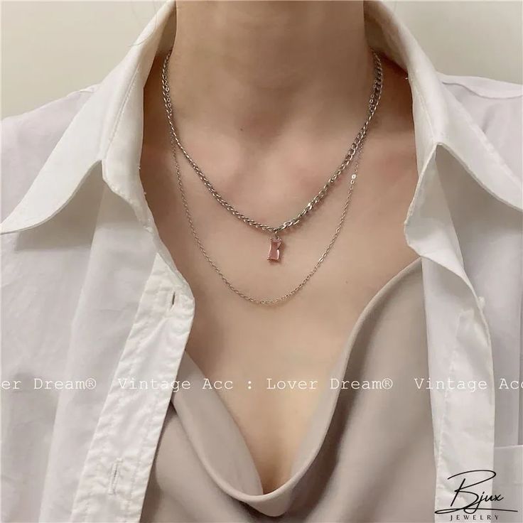 Bjux - Collar vintage de strass rosa collar de cadena de plata collar de cadena Silver Crystal Pendant Necklace With Clavicle Chain, Silver Pendant Crystal Necklace With Clavicle Chain, Trendy Pink Chain Link Necklace, Rhinestone Pendant Necklace With Metal Chain, Metal Pendant Rhinestone Necklace With Chain, Silver Pendant Charm Necklace With Double Chain, Silver Pendant Charm Necklaces With Double Chain, Trendy Silver Rhinestone Clavicle Necklace, Trendy Pink Chunky Chain Jewelry