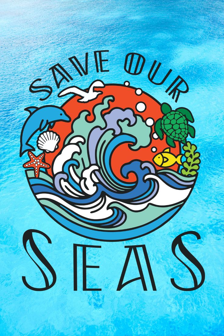 save our seas t - shirt design on blue water with waves and palm trees in the background