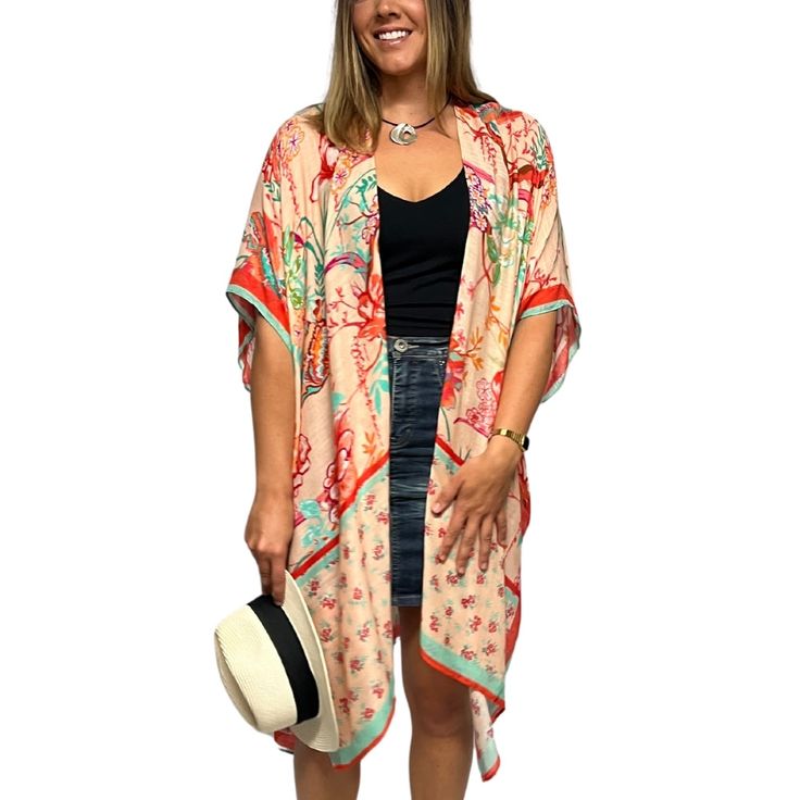 There's no such thing as owning too many kimonos. Add to your collection with these super soft essentials featuring an extra lengthy fit. Perfect for endless occasions: beach cover up, vacation layer, brunch, parties, daily wear, dress up shorts, after yoga, and more! Endless patterns to choose from make it difficult to just pick one. But your wardrobe will thank you for adding more to your collection. Size: One size fit most 38" wide by 37" long Material: 100% Viscose Machine wash. Tumble dry l Vacation Beach Cover-up Kimono With Kimono Sleeves, Casual Boho Print Festival Cover-up, Oversized Open Front Beach Cover-up, Boho Print Cover-up With Kimono Sleeves For Beach Season, Oversized Wrap Cover-up For Summer, Pink Casual Loungewear Cover-up, Oversized Open Front Cover-up For Beach Season, Flowy Wrap Cover-up For Vacation, One Size Open Front Cover-up For Day Out