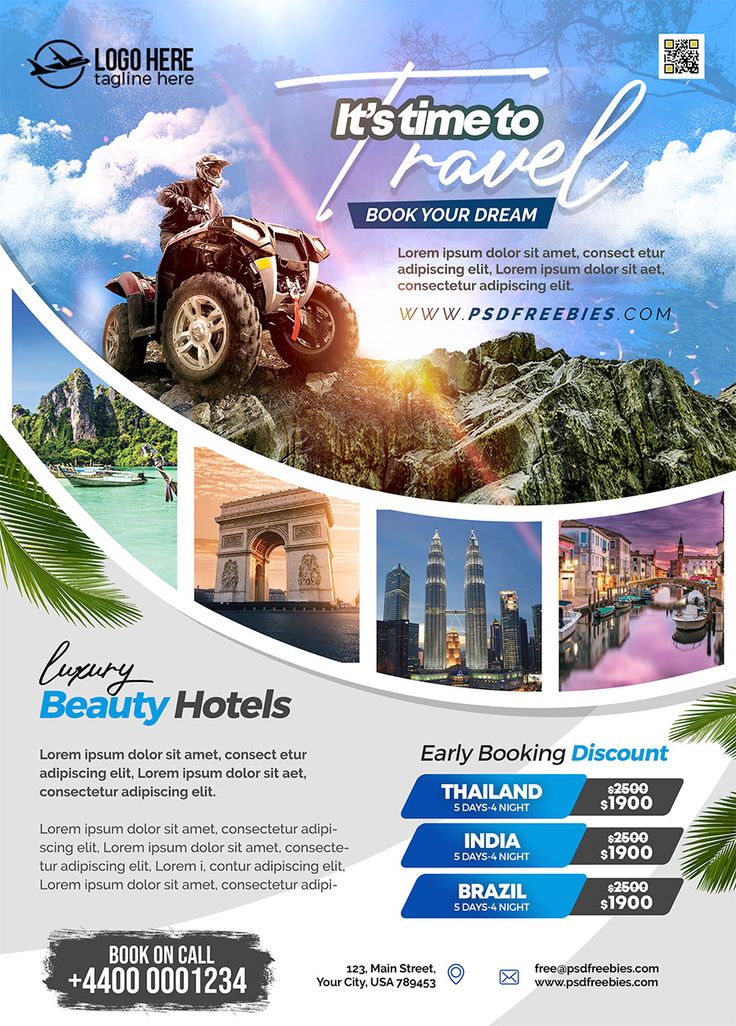 Introducing our amazing Travel Tours Business Flyer Design PSD, available for free download! This flyer is perfect for promoting your tour operator or travel business. It’s designed specifically for showcasing different offerings such as day tours, tour packages, vacations, hiking and camping adventures, city tours, and more exciting travel packages. Tour Poster Design Travel, Tour Travel Design, Tour Operator Business, Tour Advertising Design, Travel Offers Design, Tour Design Poster, Traveling Poster Design, Tour And Travel Poster Design, Tourism Flyer Design