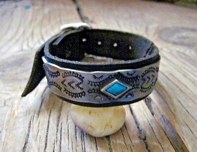 Men's Black Leather Cuff Bracelet * Deep Stamping * Sundance Catalog Artist  | eBay Artisan Concho Cuff Bracelet As Gift, Artisan Cuff Bracelet With Concho As Gift, Artisan Bracelet With Concho As Gift, Southwestern Style Leather Bracelets As Gift, Artisan Concho Bracelets For Gift, Artisan Concho Bracelet For Gift, Unique Concho Bracelets For Gift, Hand Tooled Cuff Jewelry For Gifts, Unique Concho Bracelets As Gift