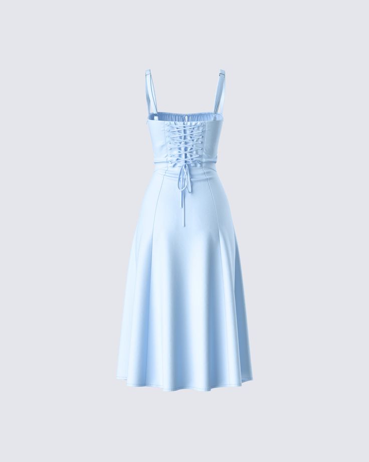 Feeling blue has never looked so cute 😌 With its dreamy hue and flowy silhouette, this dress featuring corset boning, a lace-up back, and a tie at the center bust is full of whimsy 💙 Baby Blue Homecoming Dress, Corset Dress Casual, Homecoming Dress Corset, Corset Dress Short, Homecoming Dresses Corset, Corset Dresses, Corset Boning, Corset Midi Dress, Blue Corset