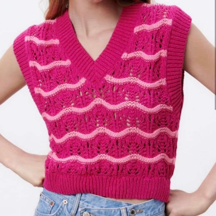 Zara Pink And Fuchsia Scalloped Cotton Blend Women’s Knit Vest Size Small New Without Tags Pink Knit Sweater For Summer, Trendy Pink Sweater For Summer, Trendy Spring Sweater Vest In Pointelle Knit, Pink Knitted Sweater Vest For Spring, Trendy Open Knit Sweater Vest For Spring, Casual Pink Sweater Vest For Fall, Chic Zara Sweater Vest For Spring, Trendy Pink Sweater Vest For Fall, Trendy Pink Sweater Vest For Spring