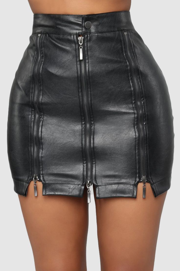 Black Casual Solid Patchwork Zipper Skinny Conventional Solid Color Skirts Latex Mini Skirt, Club Skirts, Skirt Streetwear, Pu Skirt, Party Rock, Leather Mini Skirt, Pencil Skirt Black, Black Mini Skirt, Trend Fashion