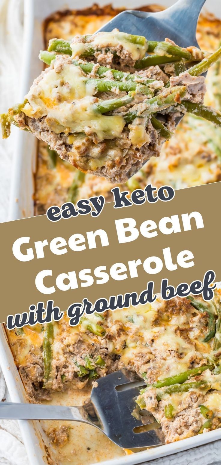 a casserole dish with green beans and ground beef is being scooped from the casserole