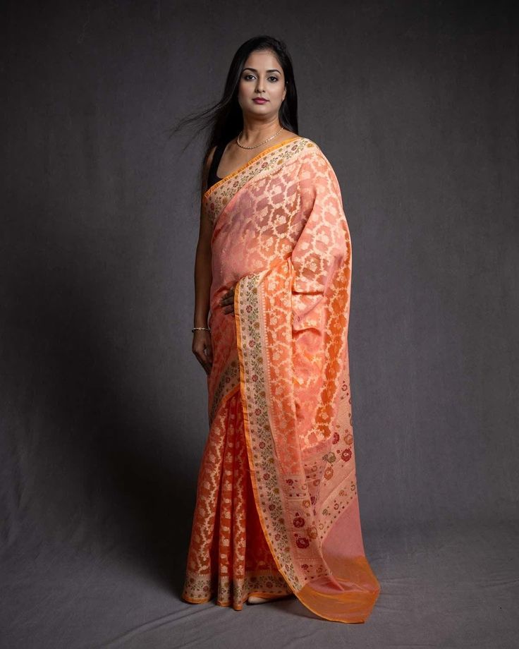 Peach Banarasi Resham Jaal Cutwork Brocade Woven Cotton Silk Saree with Meenekari Border Pallu Brocade Pre-draped Saree With Cutdana For Eid, Chanderi Meenakari Pre-draped Saree For Navratri, Traditional Orange Banarasi Silk Pre-draped Saree, Navratri Traditional Georgette Wear With Self Design, Bollywood Style Meenakari Pre-draped Saree For Puja, Bollywood Style Pre-draped Saree For Puja With Meenakari, Transitional Georgette Saree With Pallu, Brocade Saree With Chikankari Embroidery, Unstitched Brocade Saree For Transitional Season