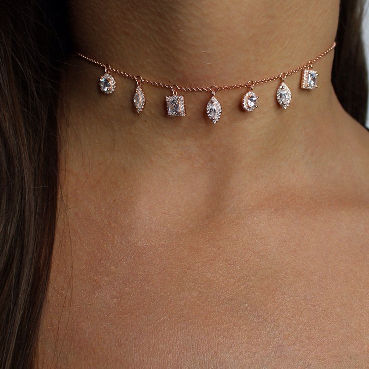 Adjustable Rose Gold Choker Necklace, Rose Gold Clavicle Chain Choker, Rose Gold Clavicle Choker, Adjustable Rose Gold Choker For Party, Adjustable Rose Gold Party Choker, Glamorous Clavicle Chain Choker, Cubic Zirconia Clavicle Chain Choker, Jeweled Cubic Zirconia Choker Necklace, Adjustable Rose Gold Choker Jewelry