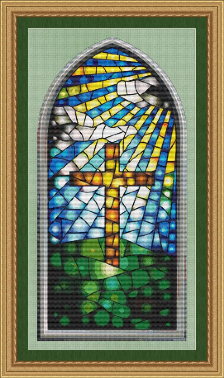 a cross is shown in front of a stained glass window