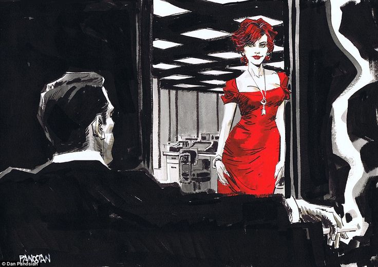 a drawing of a woman in a red dress looking at a man in a suit