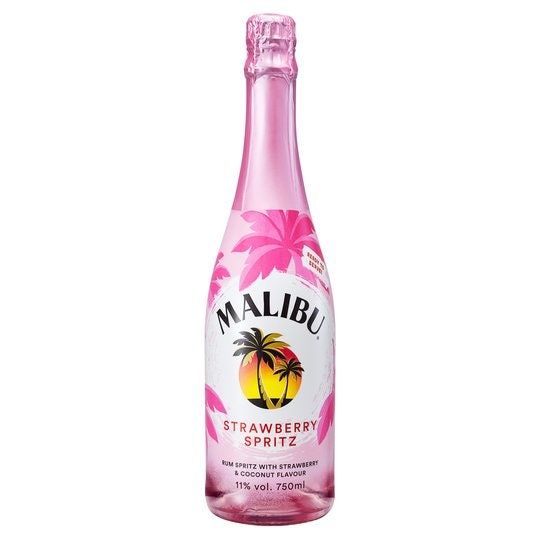 a bottle of strawberry spritz with palm trees on the label and pink flowers