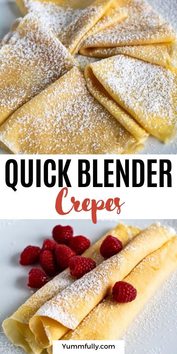 quick blender crepes with raspberries and powdered sugar on top