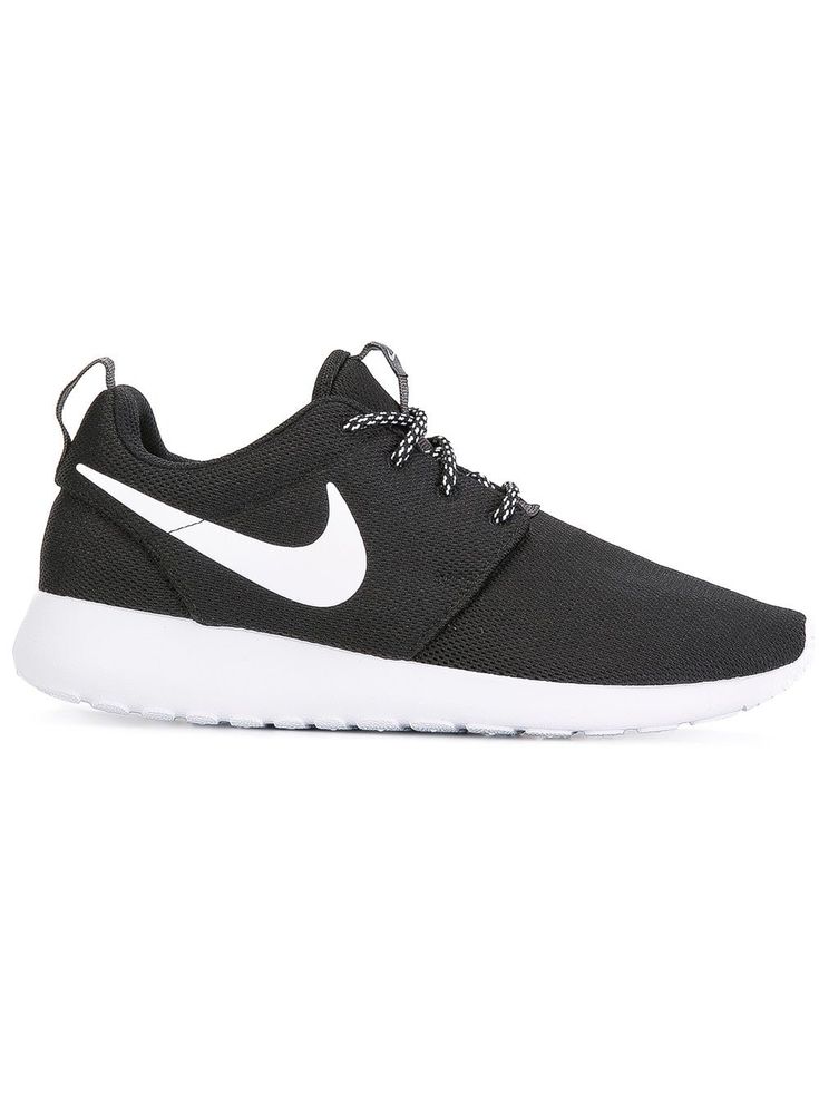 Black and white Roshe One sneakers from Nike featuring a round toe, a lace-up front fastening, a brand embossed tongue, a branded insole, a pull tab at the rear, a signature Nike swoosh and a flat rubber sole. Nike Synthetic Lace-up Walking Shoes, Low-top Slip-on Sneakers With Elastic Laces For Streetwear, Nike Lace-up Walking Shoes For Sports, Streetwear Running Shoes With Elastic Laces, Black Lace-up Sneakers For Light Sports, Low-top Sneakers With Elastic Laces For Light Sports, Running Shoes With Elastic Laces And White Sole, Lace-up Running Shoes With Elastic Laces And White Sole, Classic Lace-up Running Shoes For Sports