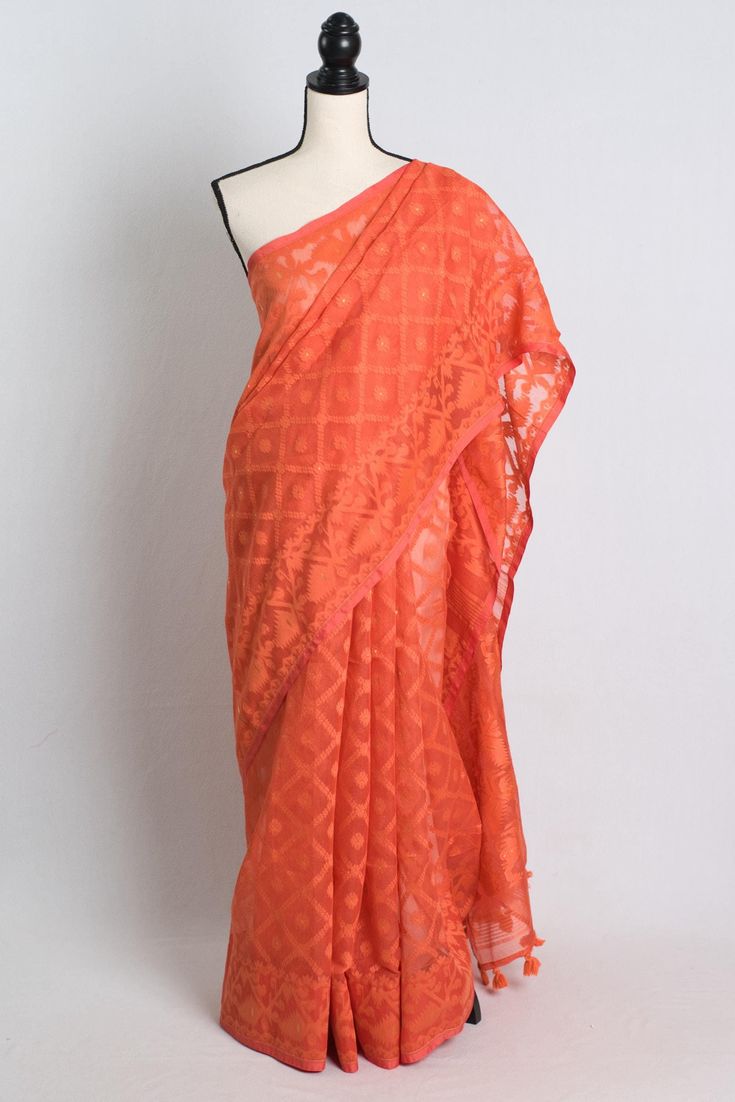 Redsham Cotton Soft Jamdani Saree in Orange, Indian Jamdani Saree Shipped from USA, Bengal Looms by BengalLooms on Etsy Summer Designer Chanderi Saree, Summer Chanderi Saree With Dupatta, Chanderi Saree With Dupatta For Summer, Unstitched Chanderi Saree For Summer, Designer Unstitched Summer Saree, Summer Unstitched Chanderi Saree, Designer Unstitched Saree For Summer, Unstitched Designer Saree For Summer, Summer Chanderi Dress With Cutdana Detail