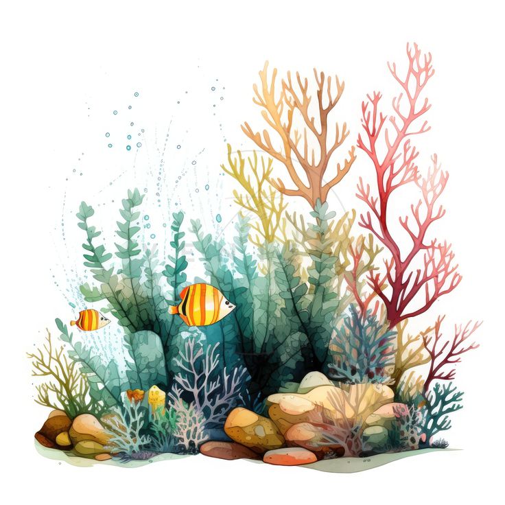 an underwater scene with corals, plants and other marine life in watercolor on white paper