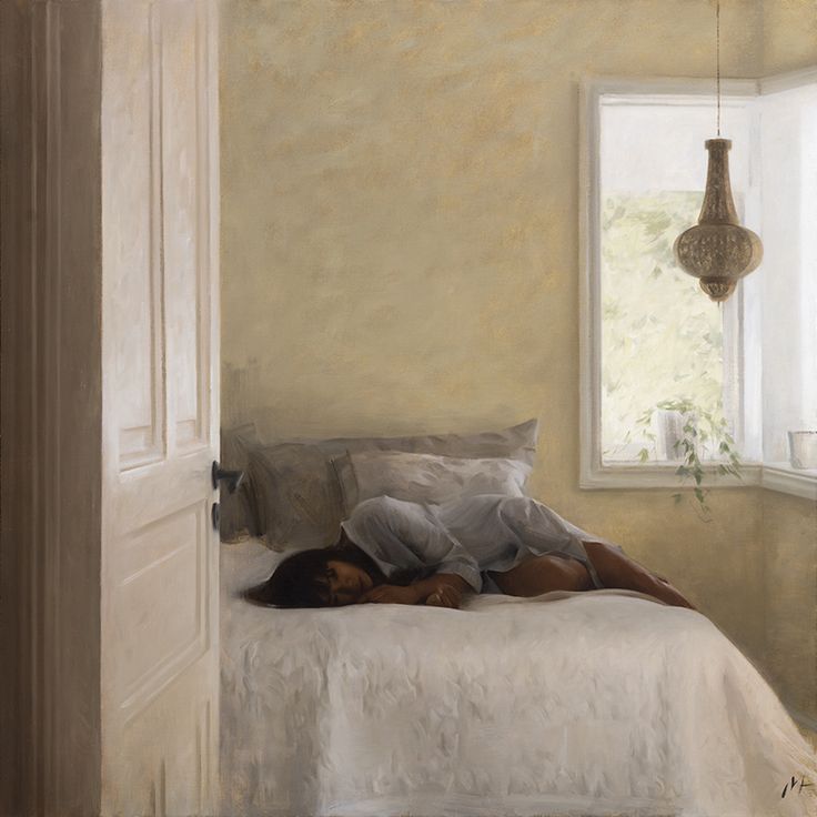 a painting of a person laying on a bed