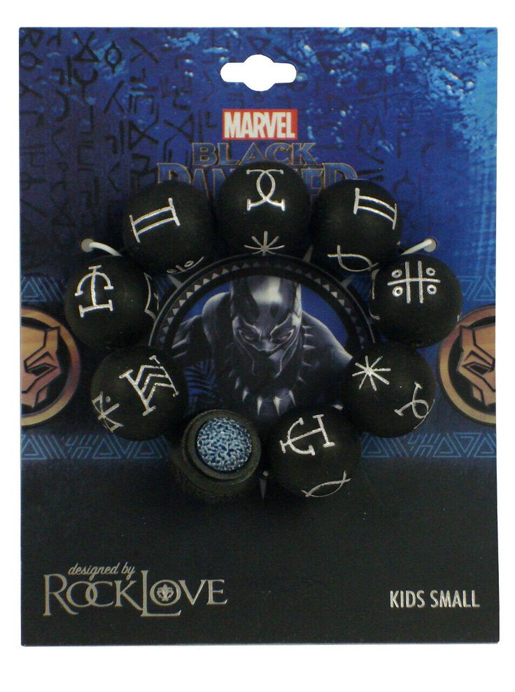 Marvel Comics BLACK PANTHER Kimoyo Bead Prop Replica Bracelet Kids Size Small __________________ Marvel Comics Black Panther Kimoyo Bead Kids Bracelet Replica Size Small. Designed by RockLove and released in 2018 the Black Panther Kimoyo bead bracelet is replica bracelet as worn by Shuri in the Marvel Studios blockbuster Black Panther. Kids size Small. Screen-accurate bracelet with silver Wakandan glyphs and a Glow-in-the-Dark Prime Bead. "Kimoyo" is Bantu for "of the Spirit."  Durable black resin beads with silver sigils, as seen on Marvel Studios' Black Panther.  Beads are 18mm in diameter, featuring a blue enamel glow-in-the-dark textured Prime Bead.  The bracelet is 3 ounces and strung on thick elastic cord for a comfortable and flexible fit.  Small (7 inch length (2.2" diameter) = 9 b Marvel Jewelry Bracelets, Marvel Beads Bracelet, Dark Marvel, Kids Bracelet, The Black Panther, Glow In Dark, Kids Bracelets, Replica Prop, Black Panther Marvel