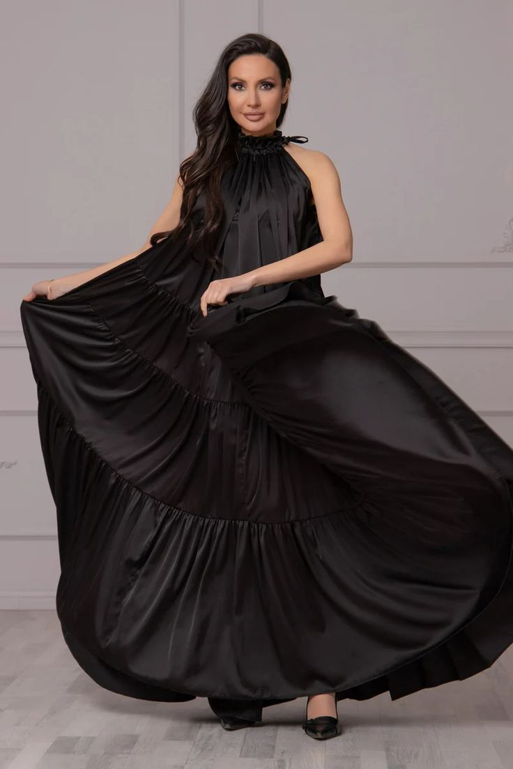 Maxi Evening Dress Suitable for Cocktails & Parties Floor | Etsy Black Ball Gown Maxi Dress For Prom, Black Gothic Satin Dress, Black Floor-length Gown For Costume Party, Gothic Black Dresses For Prom Season, Black Gothic Prom Gown, Gothic Black Prom Gown, Black Satin Gothic Dress, Elegant Black Gown For Halloween, Gothic Ball Gown For Evening