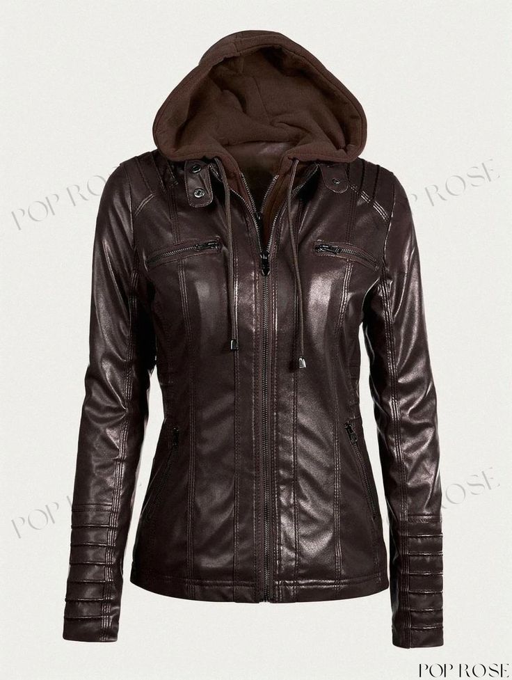 Poprose - Spring Essentials Hooded Leather Jacket For Women Winter Leather Jacket With Double-lined Hood, Hooded Leather Jacket For Outdoor Fall, Fall Outdoor Leather Jacket With Double-lined Hood, Hooded Leather Jacket With Zipper For Fall, Hooded Leather Jacket For Cold Fall Weather, Brown Hooded Leather Jacket For Outdoor, Fitted Hooded Leather Jacket For Cold Weather, Brown Hooded Jacket For Fall With Zipper Closure, Brown Hooded Jacket For Fall With Zipper