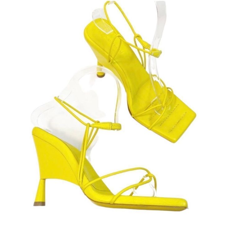 Store Sample/ New But Need To Be Cleaned Womens Size 39.5 Yellow Sandals With 4-inch Heel For Summer, Strappy Sandals With 4-inch Heel For Summer, Chic Spring Wedge Sandals With Reinforced Heel, Chic Wedge Sandals With Reinforced Open Heel, Chic Open Heel Wedge Sandals With Reinforced Heel, Chic High Heel Wedge Sandals With Reinforced Heel, Formal Summer Wedge Sandals With Square Toe, Formal Spring Wedge Sandals With Square Toe, Designer Sandals With 4-inch Heel For Spring