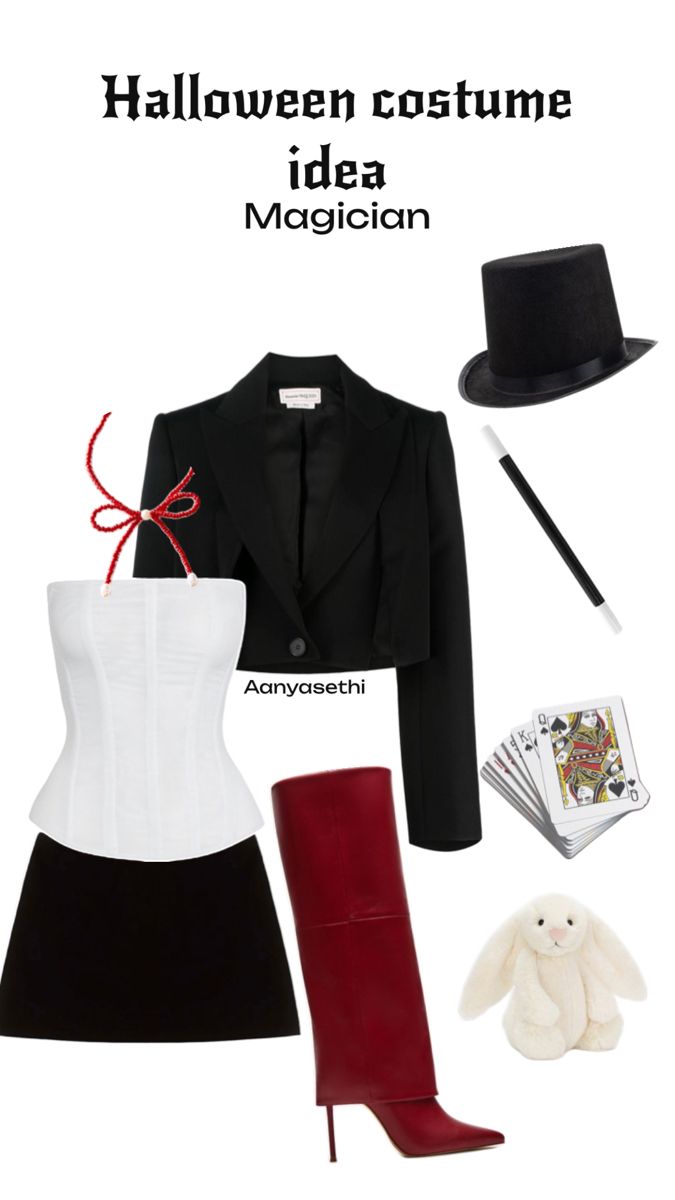 halloween costume idea magician with red boots, black jacket and white cosplay dress