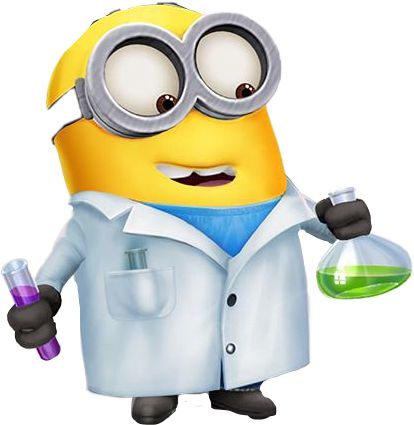 a cartoon minion holding a beakle and flask in his hand while wearing a lab coat