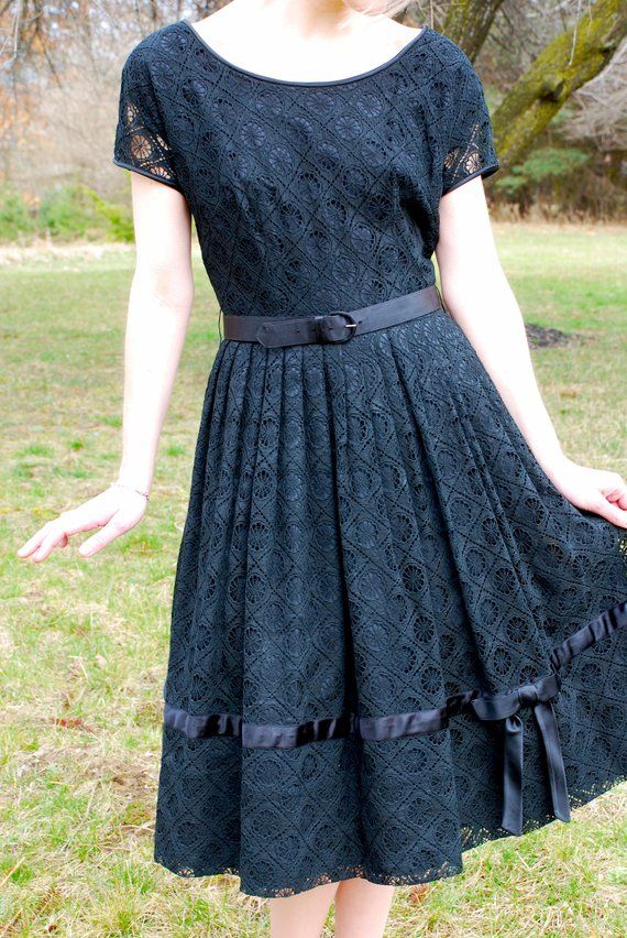 50’s Vintage Make Mine A MCKETTRICK Black Lace Dress, Crochet Doily, Satin Belt & Bow Trim, A-Line, Retro Party Dress With Lace Trim, Retro Evening Dresses With Lace Trim, Fitted 1950s Style Dress With Lace Trim, 1950s Style Fitted Dresses With Lace Trim, Vintage Short Sleeve Dress With Lace Trim For Party, Retro Lace Vintage Dress For Party, Vintage Lace Dress For Party In Retro Style, 1950s Style Black Dress For Vintage Events, Retro Lace Dress For Party