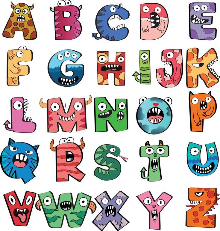 the letters are decorated with cartoon monsters and their faces, all in different colors to spell out