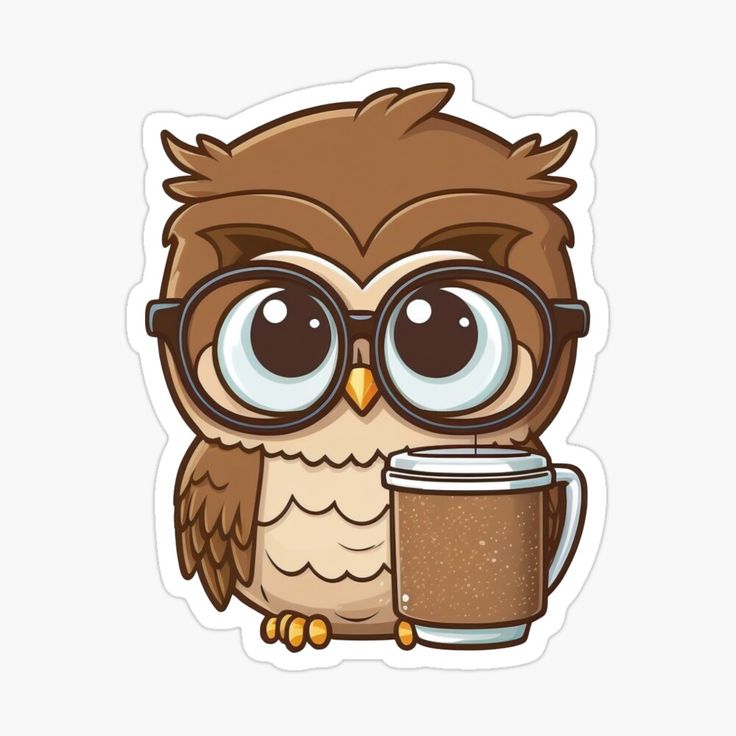 an owl with glasses holding a cup of coffee