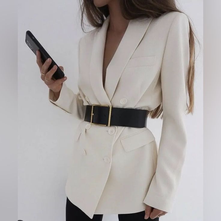 Zara Tailored Double Breasted Blazer. Color: Ecru. Fitted Blazer With Lapel Collar And Long Sleeves. Flap Pockets At Front. Tonal Matching Inner Lining. Excellent Condition Beige Long Sleeve Outerwear With Belt, Elegant Outerwear With Belt And Lapel Collar, Fall Blazer With Belt And Long Sleeves, Fall Long Sleeve Blazer With Belt, Elegant Notch Lapel Outerwear With Belt, Formal Long Sleeve Belted Outerwear, Beige Belted Outerwear For Office, White Belted Outerwear For Work, Elegant Business Blazer With Belt