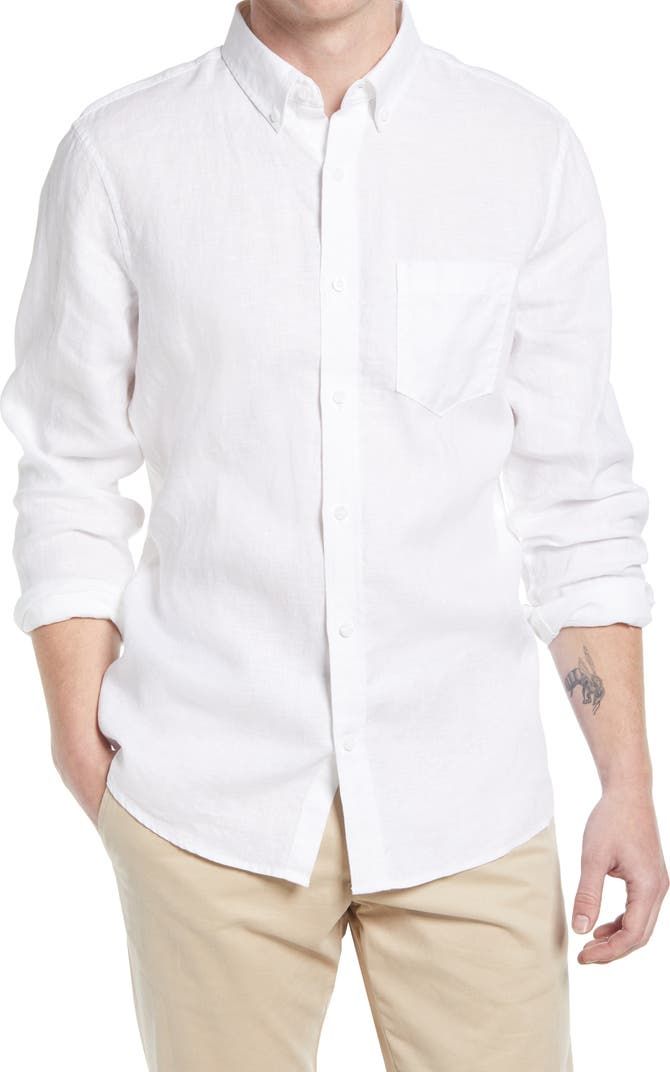 Nordstrom Trim Fit Solid Linen Button-Down Shirt | Nordstrom White Button Down Shirt, Button Down Shirt Mens, Every Color, White Button Down, Cut Shirts, Button Down Collar, Engagement Photos, Breathable Fabric, Button Downs