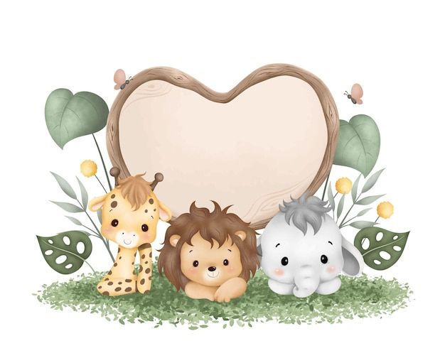 three animals are sitting in front of a heart shaped sign with leaves and flowers around it