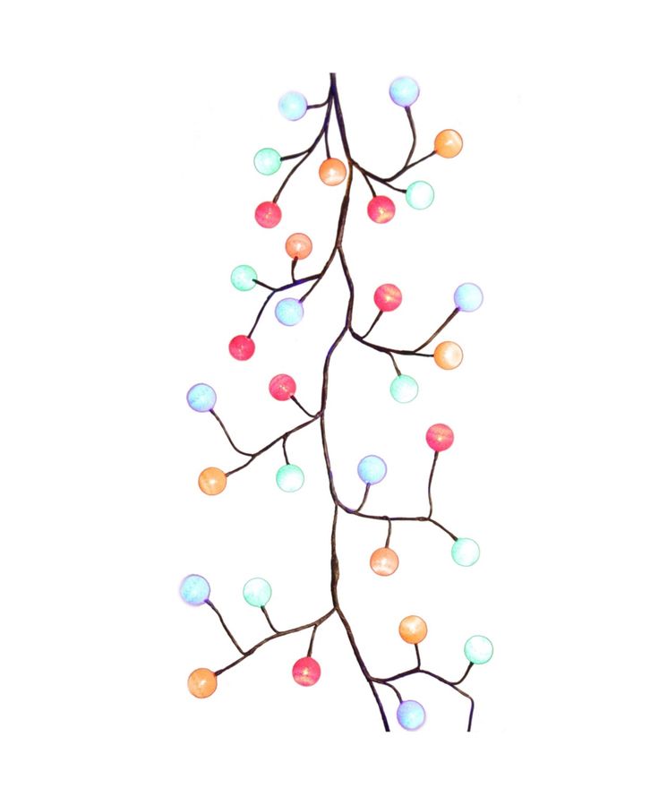 a branch with multicolored balls hanging from it's branches on a white background