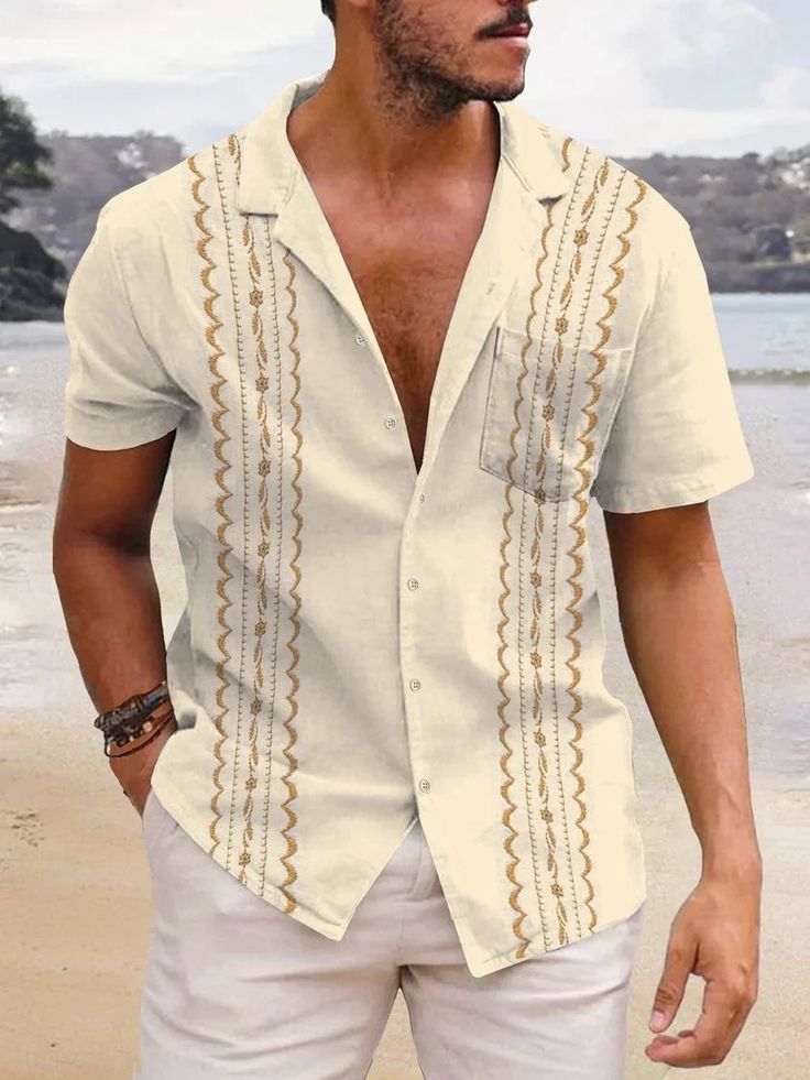 Men's Summer Vacation Print Short Sleeve Shirt Vacation Shirt With Relaxed Fit And Half Sleeves, Beige V-neck Shirt For Summer, Beach Shirt With Pockets, White Short Sleeve Shirt With Pockets For Beach, White Short Sleeve Beach Shirt With Pockets, Beige Relaxed Fit Camp Shirt For Beach, Beige Relaxed Fit Camp Shirt For The Beach, White Tops With Pockets For Beach Season, Beige Summer Camp Shirt With Pockets