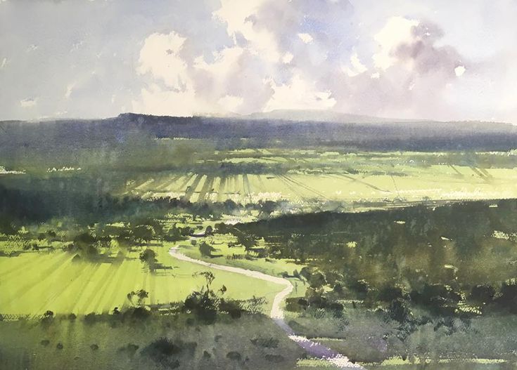 an aerial view of a green field with trees and clouds in the background, watercolor on paper