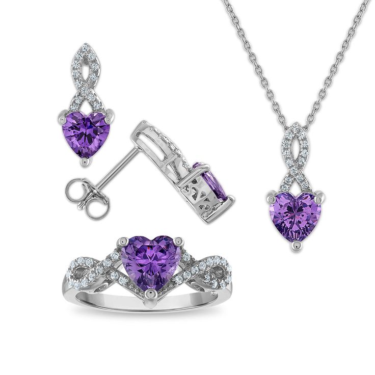 Amethyst and White Sapphire Ring Pendant Earrings Set in Sterling Silver Purple Cubic Zirconia Jewelry For Valentine's Day, Fine Jewelry Gemstone For Valentine's Day, Fine Gemstone Jewelry For Valentine's Day, Fine Jewelry Birthstone For Valentine's Day, Valentine's Day Gemstone Fine Jewelry, Valentine's Day Fine Jewelry With Gemstones, Purple Cubic Zirconia Jewelry Sets As Gift, Sterling Silver Heart Cut Jewelry With Accent Stones, Purple Cubic Zirconia Jewelry Sets For Gift