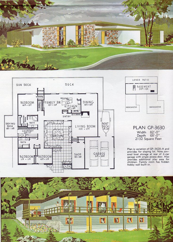 two different plans for a house in the woods, with trees and bushes on each side