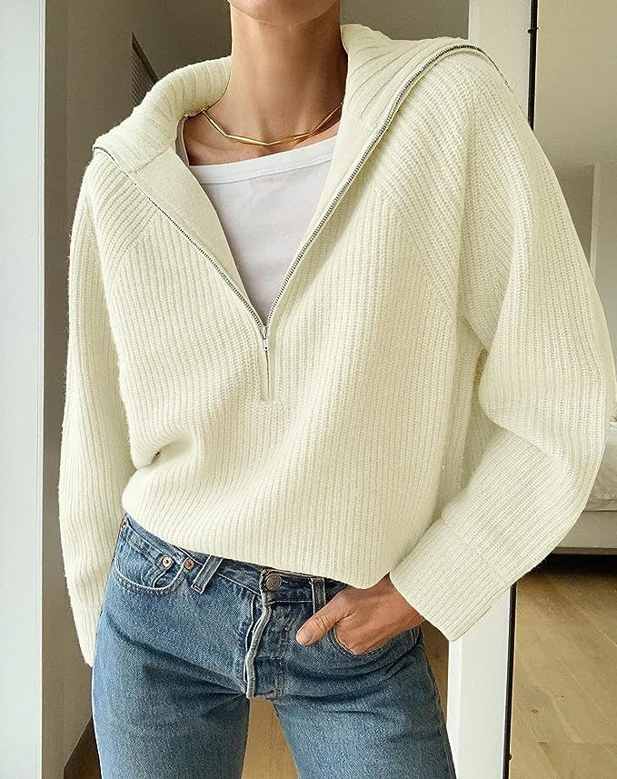 BTFBM Women’s Casual Long Sleeve Half Zip Pullover Sweaters Solid V Neck Collar Ribbed Knitted Loose Slouchy Jumper Tops Zip Sweater Outfit, Womens Half Zip Pullover, V Neck Collar, Jumper Outfit, Amazon Basics, Zippered Sweater, Winter Outfits For Work, Half Zip Sweaters, Kendall Jenner Style