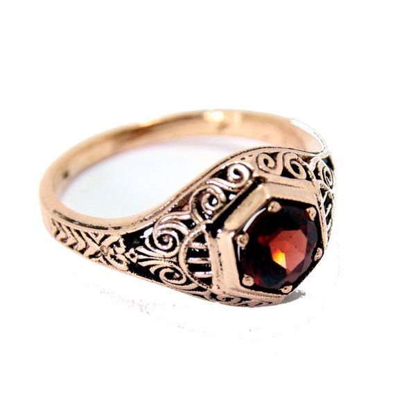 14K Rose Gold ring delicate detailed with garnet gemstone. vintage fashion style. Victorian Rose Gold Ruby Ring Hallmarked, Victorian Hallmarked Rose Gold Ruby Ring, Vintage Gold Garnet Birthstone Ring, Antique Garnet Promise Ring, Victorian 14k Gold Ruby Ring With Intricate Design, Victorian Rose Gold Ruby Ring, Vintage Garnet Ruby Ring With Intricate Design, Antique Rose Gold Ruby Ring In 14k Gold, Antique 14k Gold Ruby Ring With Intricate Design