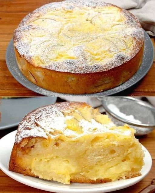 two pictures of a cake with powdered sugar on top