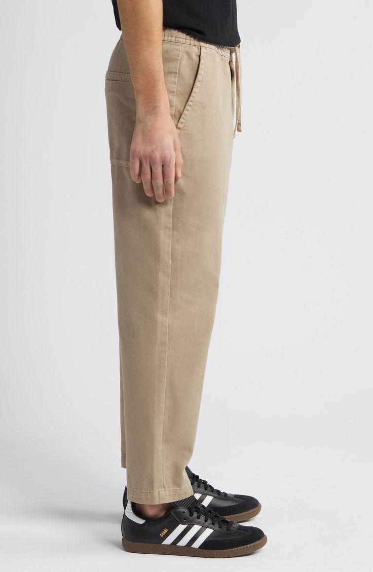 Slide your legs into the lightweight and breathable comfort of organic-cotton twill in straight-legs pants topped with a comfortable drawstring waist. 27" inseam, 15" leg opening; 12" front rise; 14 1/4" back rise (size 32) Zip fly with button closure Drawstring waist Front slant pockets 100% organic cotton Machine wash, line dry Imported Relaxed Cotton Pants With Pull-on Style, Relaxed Fit Straight Leg Cargo Pants With Elastic Waistband, Everyday Relaxed Fit Drawstring Pants, Utility Straight Leg Pull-on Pants, Relaxed Pants With Side Pockets And Straight Hem, Khaki Parachute Pants With Relaxed Straight Leg Fit, Spring Utility Style Relaxed Fit Sweatpants, Relaxed Fit Sweatpants With Tapered Leg And Patch Pockets, Spring Utility Sweatpants With Relaxed Fit