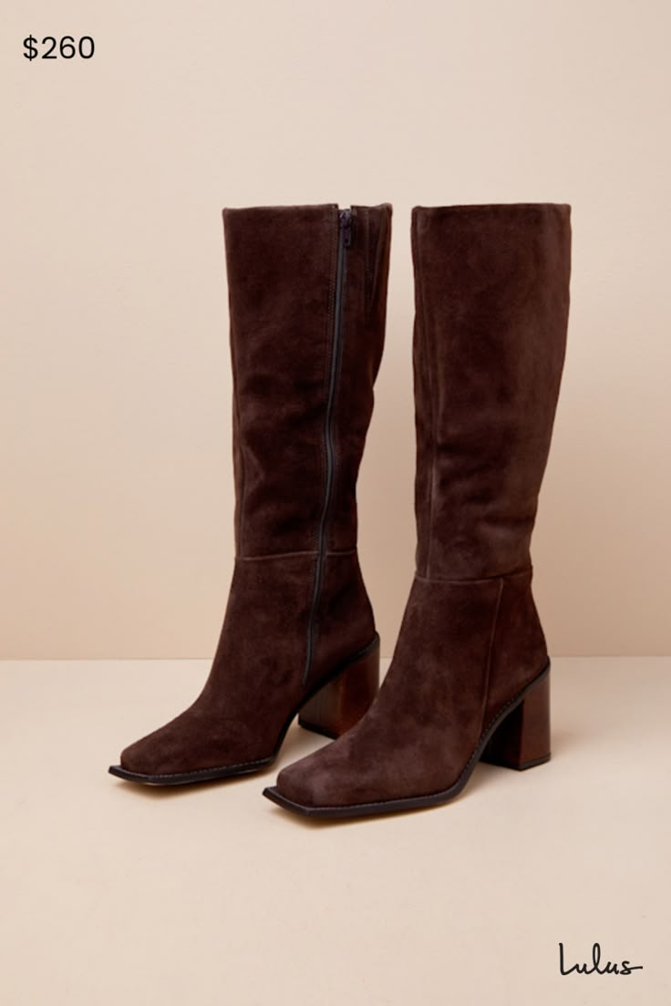 The Matisse Highness Chocolate Suede Leather Distressed Knee-High Boots are what cold weather dreams are made of! Soft genuine suede leather, with subtle distressing, shapes these perfect fall boots with a squared-toe upper that rises to a 13.5"" knee-high shaft with a 15"" circumference. A 14.5"" zipper and an elastic gusset at the instep make for easy on-and-off, all atop a contrasting, distressed block heel. Stitching details throughout. 3" distressed block heel. Cushioned insole. Rubber sole has nonskid markings. Genuine suede leather upper. Balance man made materials. Imported. Lulus | Highness Chocolate Genuine Suede Leather Distressed Knee-High High Heel Boots. Chunky Heel Knee High Boots, Womens Boots For Fall, Brown Knee High Boots Outfit, Suede Brown Boots, Suede Boots Outfit, Long Brown Boots, Matisse Boots, Dressy Boots, Winter Boots Outfits