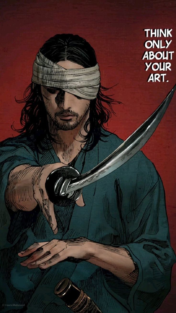 a man with a bandaged head holding a knife and pointing at the text that says, think only about your art?