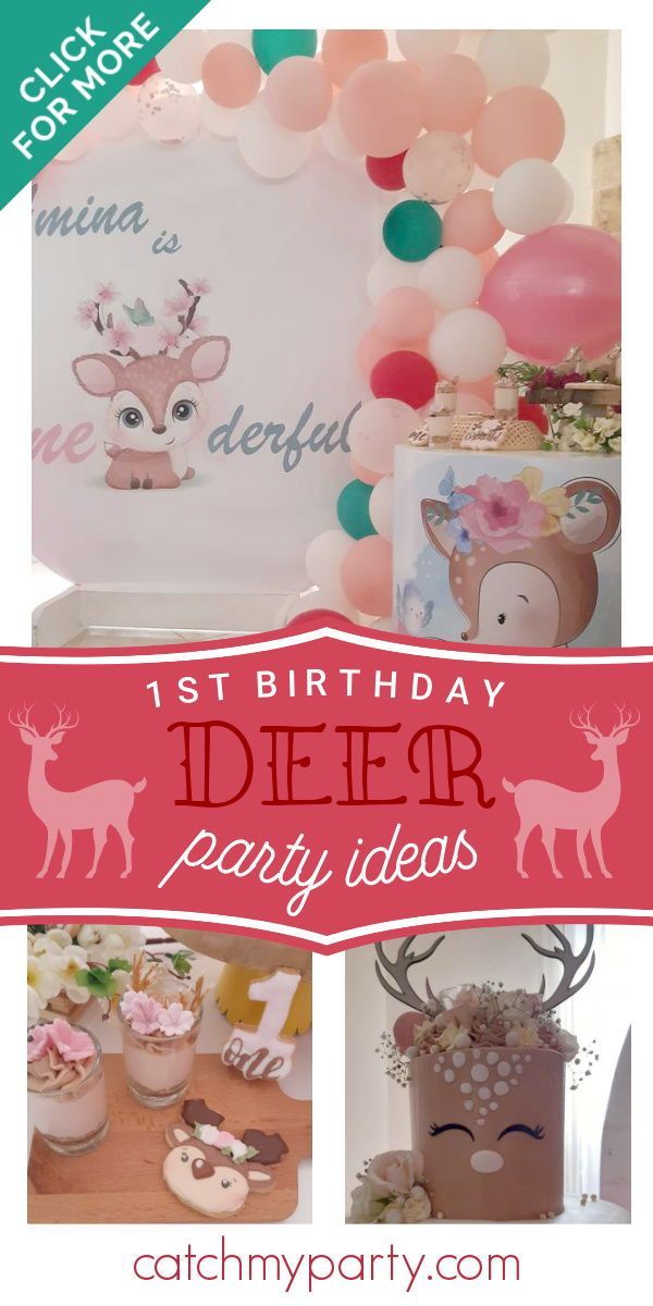 a collage of photos with balloons, deer decorations and other items for a 1st birthday party