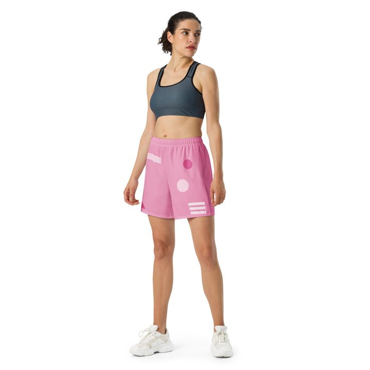 Sports outfits can be a lot of hassle, but with these long shorts there's no need for that. Just throw on a pair and go running, swimming, weight-lifting, or participate in any other activity that pops in your mind. These shorts won't let you down!• 91% recycled polyester, 9% spandex• Fabric weight: 5.13 oz. /yd. ² (174 g/m²)• Four-way stretch moisture-wicking microfiber fabric• Breathable and fast-drying material• UPF50+ protection• 6.5″ (16.5 cm) inseam• Elastic waistband with a flat white dra Pink Activewear With Built-in Shorts, Pink Sportswear With Built-in Shorts, Pink Activewear With Built-in Shorts For Beach, Pink 4-way Stretch Athletic Shorts, Pink Cotton Activewear With Built-in Shorts, Mens Fleece Shorts, Muscle Shirts, Crop Top Tees, Mens Swim Trunks